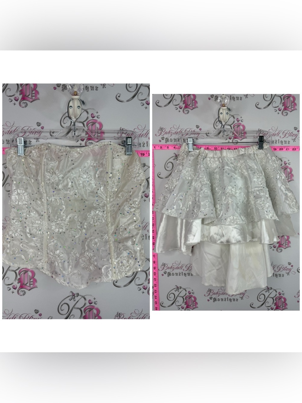 Costume 2 piece set Ivory Embellished Lace Bustier Top and Tiered Skirt Set